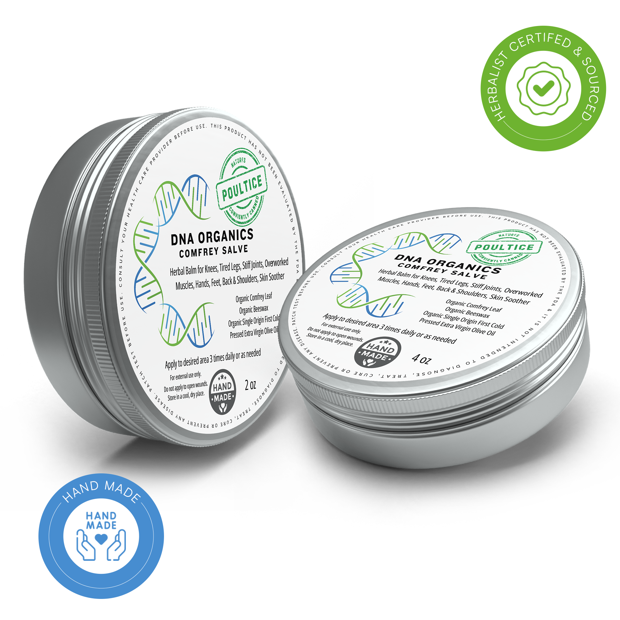 Two containers of DNA Organics Comfrey Salve with visible branding on a white background