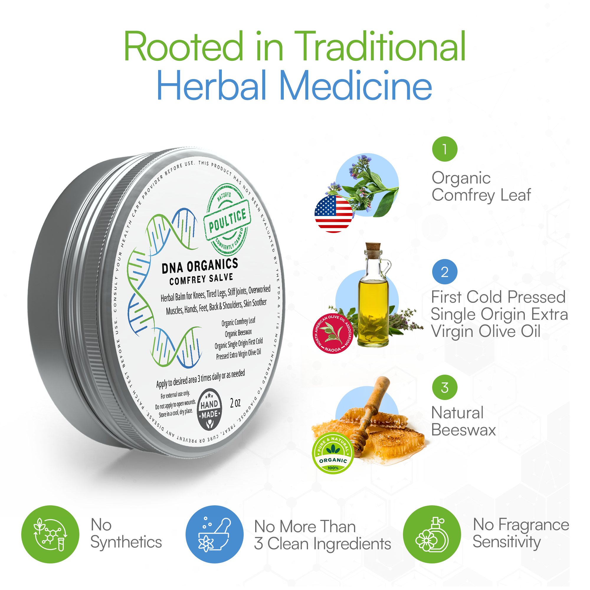 Tin of DNA Organics Comfrey Salve with ingredients listed on a white background