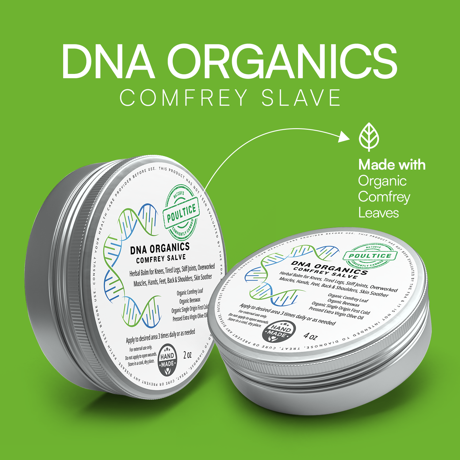 Two containers of DNA Organics Comfrey Salve on a green background