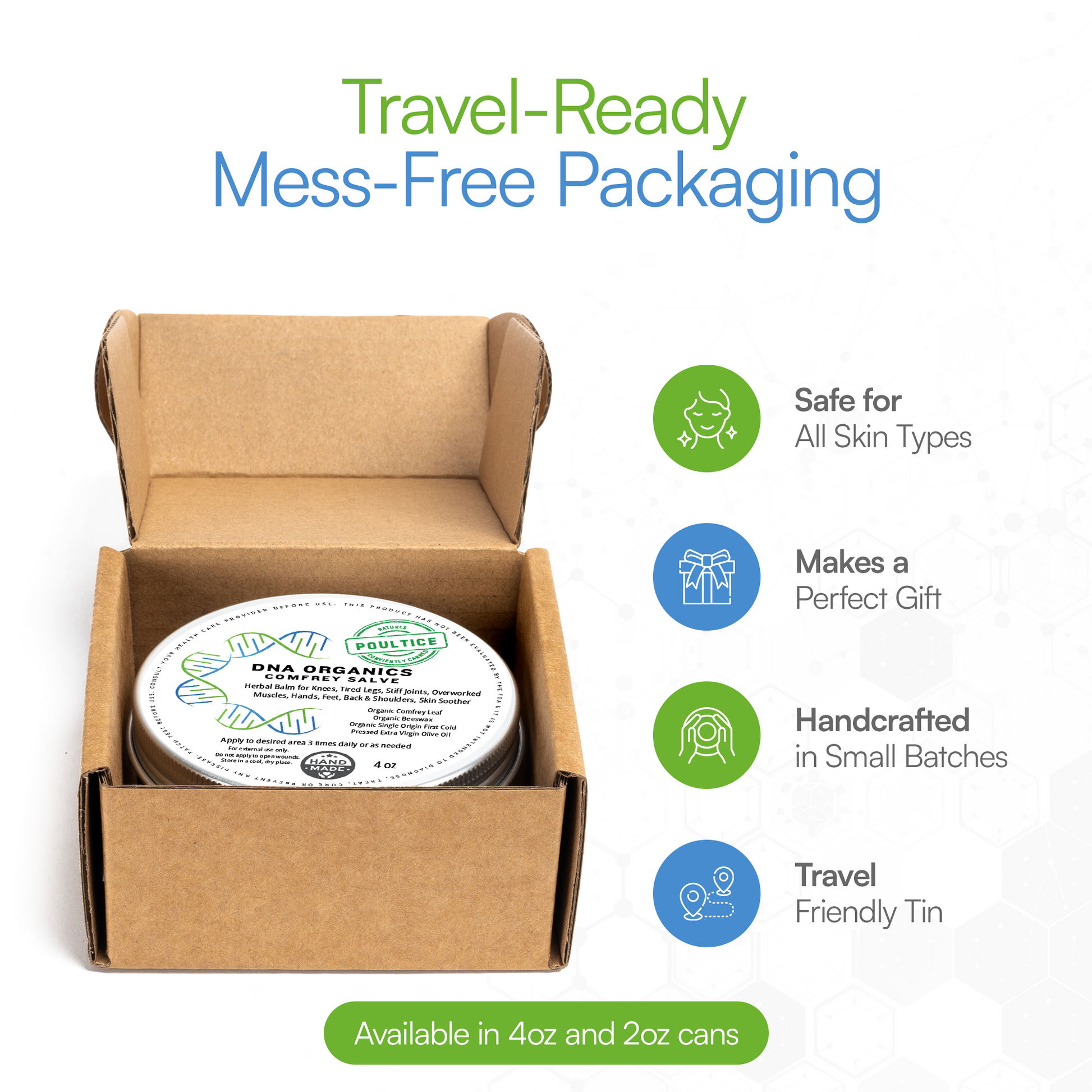 Travel-ready mess-free packaging with a tin and cardboard box on a white background