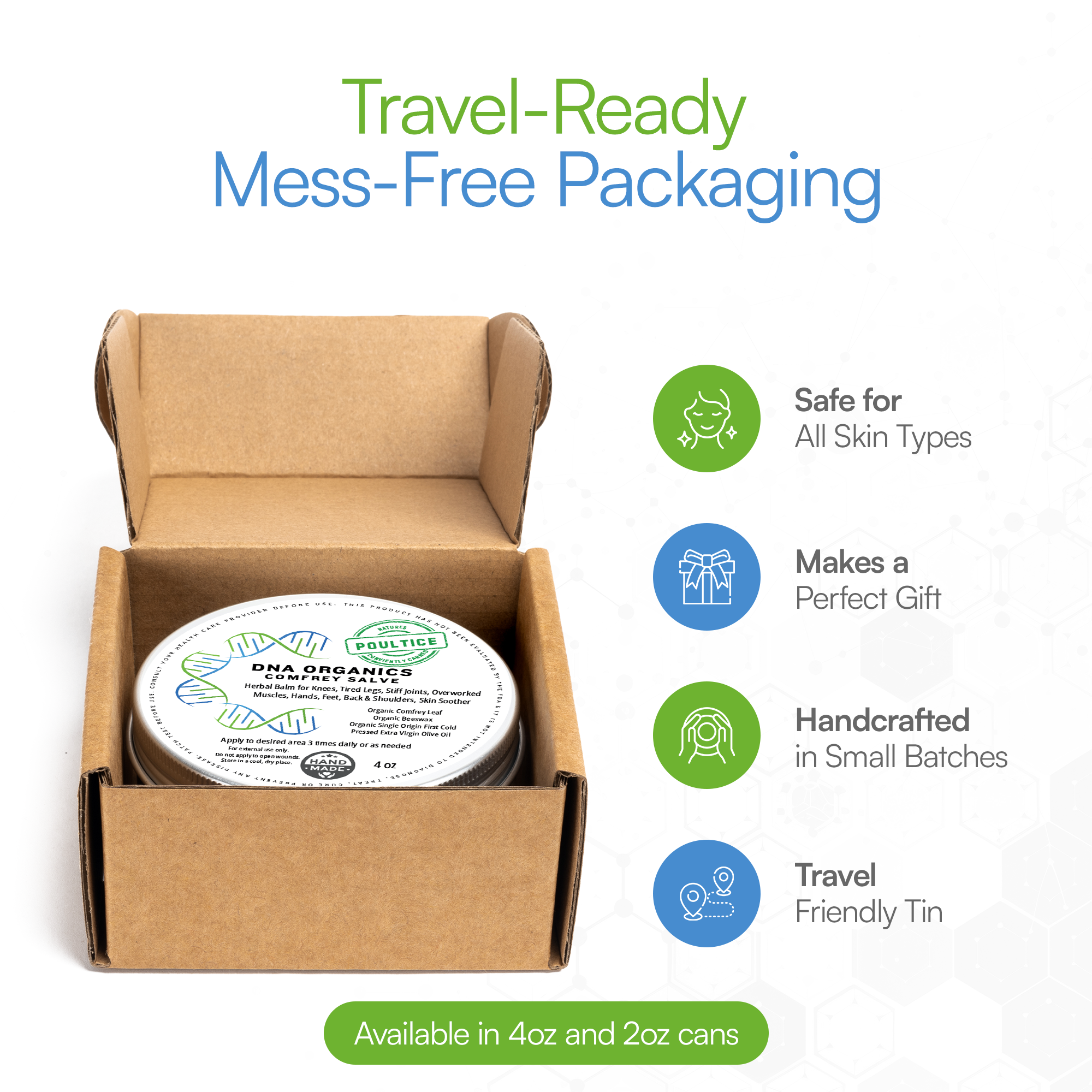 Travel-ready mess-free packaging with a tin and cardboard box on a white background