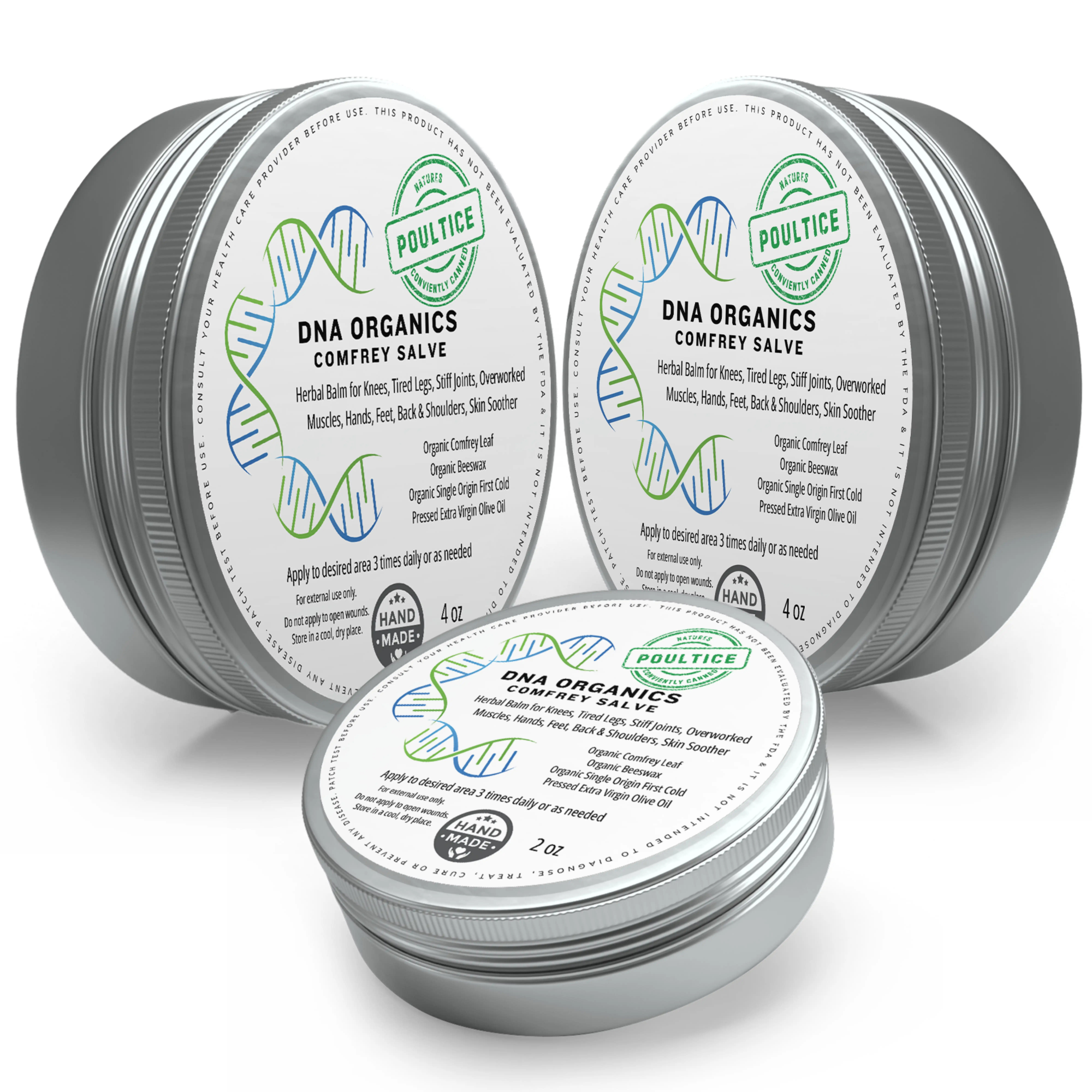 Comfrey Salve for Bone Healing by DNA Organics. Pure Organic Handcrafted Herbal Remedy, Free from Chemical Fillers. Comfrey Balm for Muscles, Joints, Fractures, Swelling, Skin & Tattoos - ( 2x 4 oz + 1x 2 oz )